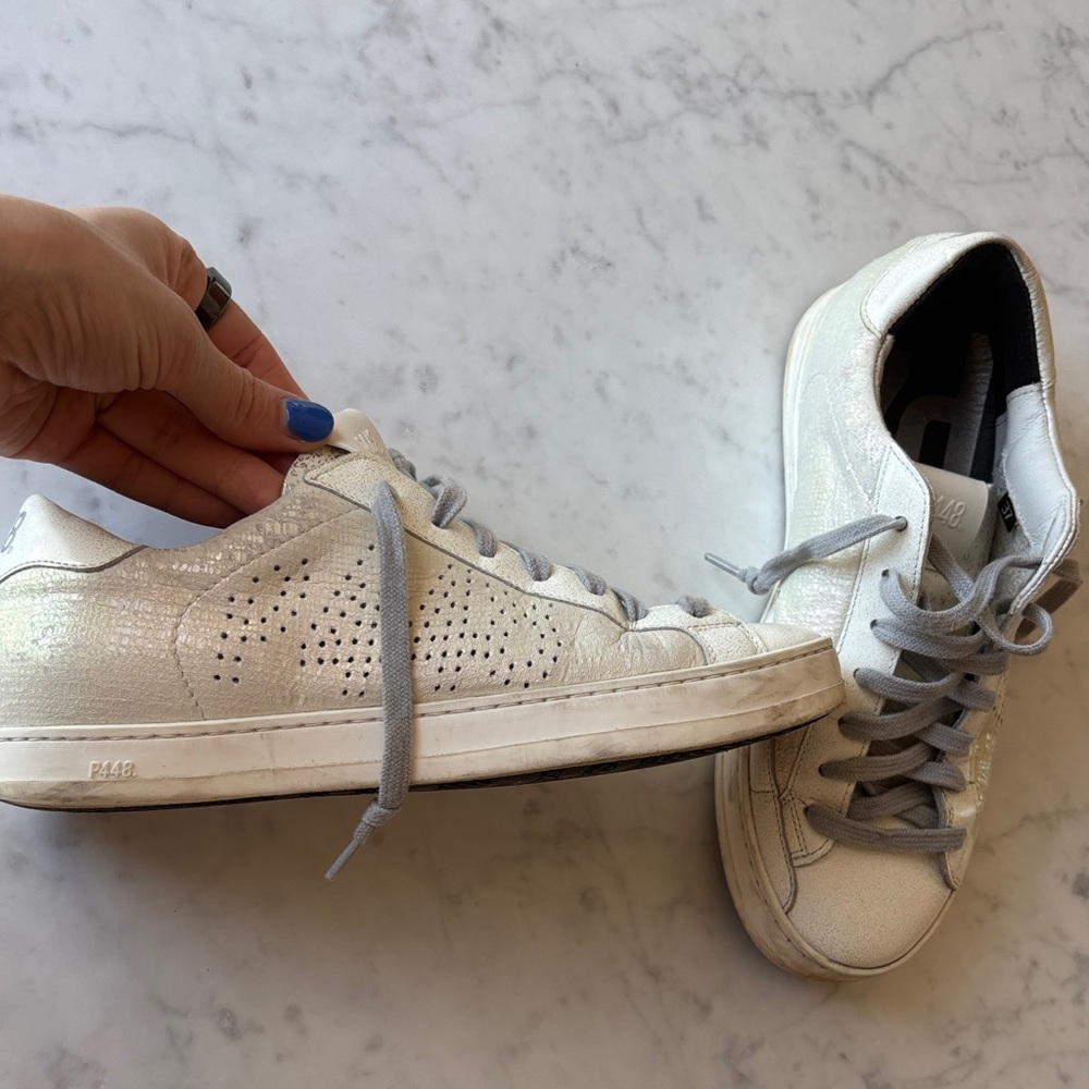 P448 White Leather Women's Sneakers with Gray Laces